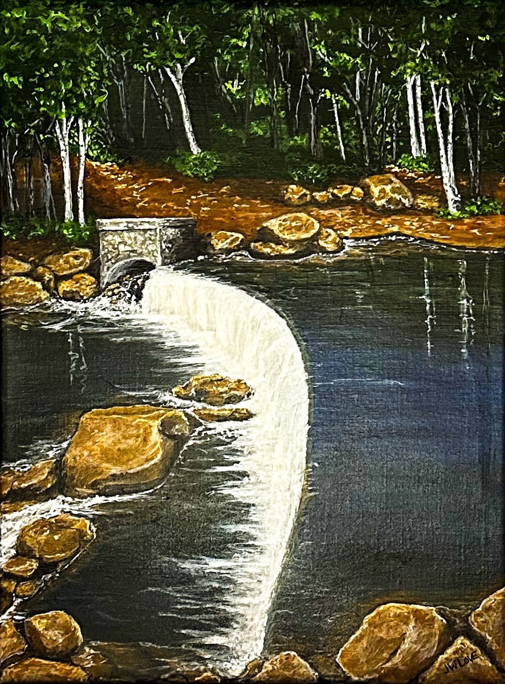 Painting of a sand castle stage, waves crashing behind it, with a green pale and shovel standing near